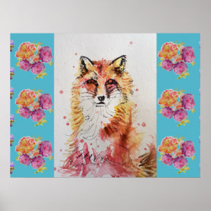 Süßer Rotfuchs Tier Teal Rose Rosen Poster