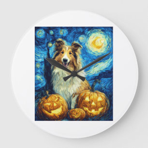 Süßer Rough Collie Hund Halloween Jack O Lantern K Große Wanduhr
