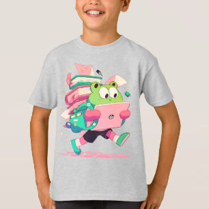 Süßer Rückkehr-zur-Schule-Frosch mit Büchern und R T-Shirt