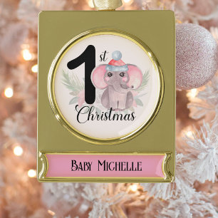 Süßer saisonaler Elefant Baby Mädchen 1. Weihnacht Banner-Ornament Gold