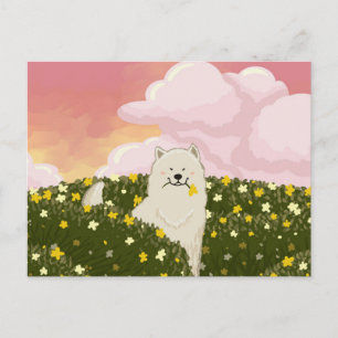 Süßer Samojede Hund auf einem Feld gelber Blumen ( Postkarte