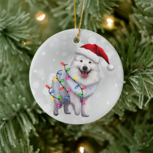 Süßer Samojede-Hund, eingewickelt in Weihnachtslic Keramik Ornament