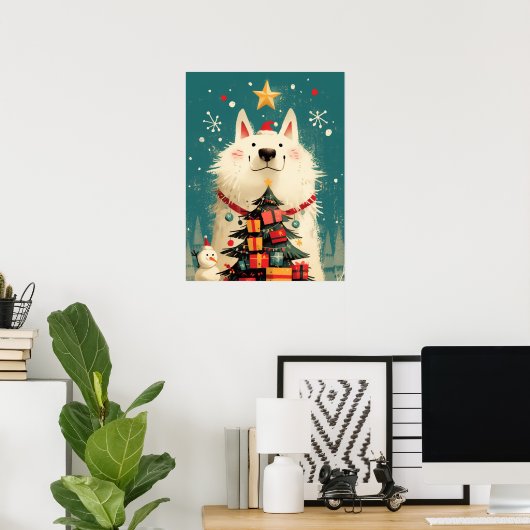 Süßer Samojede-Hund mit Weihnachten Poster (Heimbüro)