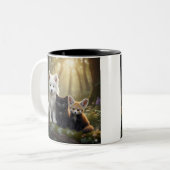 Süßer Samojede-Welpe und schwarzes Kätzchen Tasse (Vorderseite Links)