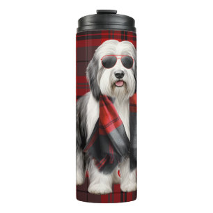 Süßer Schäferhund mit Schal und rotem Karo Lustig Thermosbecher