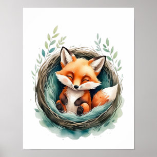 Süßer Schlafender Fuchs Gebettet Aquarell-Illustra Poster
