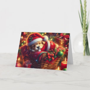 Süßer schlafender Welpe mit Weihnachtsmannmütze Feiertagskarte