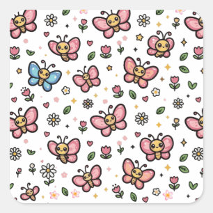 Süßer Schmetterling Florales Nahtloses Kawaii Must Quadratischer Aufkleber