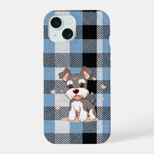 Süßer Schnauzer-Hund Blau Kariert iPhone 15 Hülle