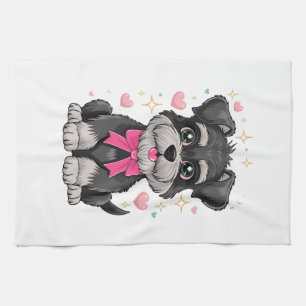 Süßer Schnauzer mit rosa Schleife umgeben von Herz Geschirrtuch