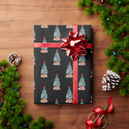 Süßer Schneebedeckter Weihnachtsbaum Schwarz Geschenkpapier