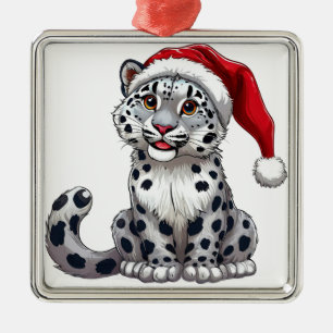 Süßer Schneeleoparden-Cartoon in Santa-Mütze Ornament Aus Metall