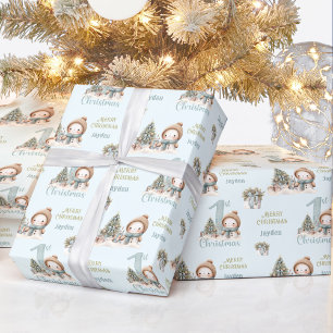 Süßer Schneemann 1. Weihnachten Vintage Blau Name Geschenkpapier
