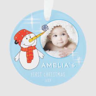 Süßer Schneemann Baby`s erstes Weihnachtsfoto Ornament