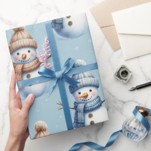 Süßer Schneemann Blaue Schnee Hintergrund Weihnach Geschenkpapier