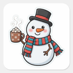 Süßer Schneemann Heiße Schokolade Weihnachtssticke Quadratischer Aufkleber