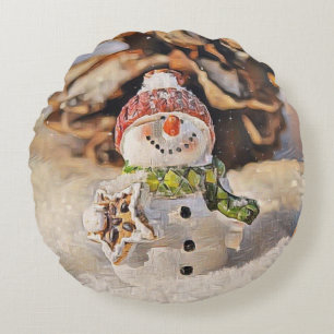 Süßer Schneemann im Schnee Aquarellmalerei Rundes Kissen