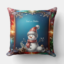 Süßer Schneemann in Buntglasrahmen Kissen