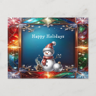 Süßer Schneemann in Buntglasrahmen Postkarte