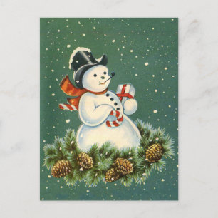 Süßer Schneemann mit Geschenk auf Pinienapfel-Kran Postkarte