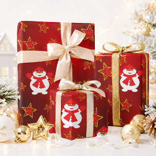 Süßer Schneemann Rot Gold Sterne Weihnachten Geschenkpapier