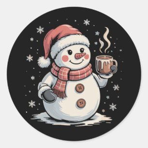 Süßer Schneemann trinkt Kaffee Winter Schneeflocke Runder Aufkleber