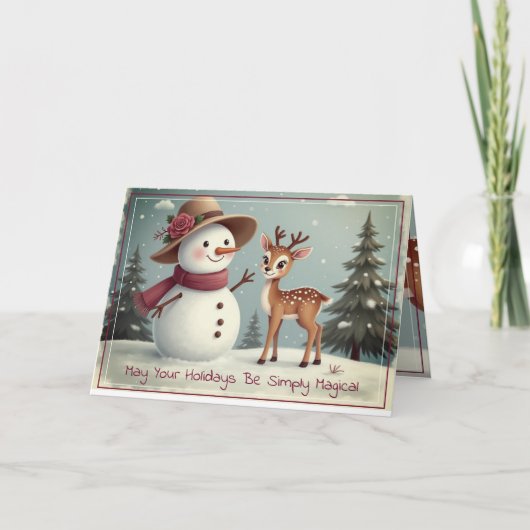 Süßer Schneemann und Hirsch Feiertagskarte (Vorderseite)