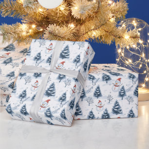 Süßer Schneemann und schneebedeckte Bäume Frohe We Geschenkpapier