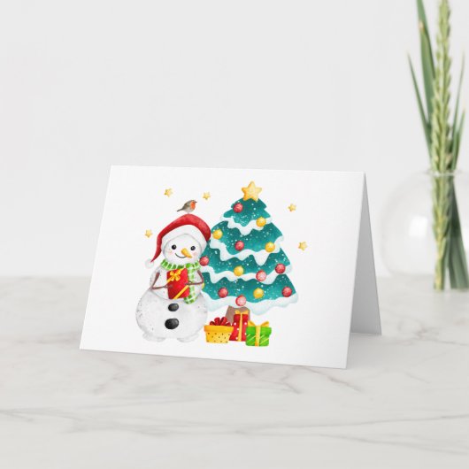Süßer Schneemann und Weihnachtsbaum Karte (Vorderseite)