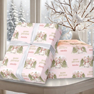 Süßer Schneemann Winter Vintage Rosa Mädchen Name Geschenkpapier