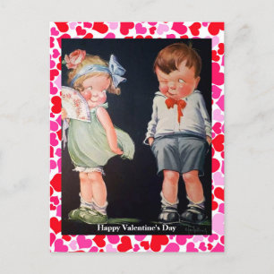 Süßer & schüchterner Junge & Mädchen Vintage Valen Postkarte