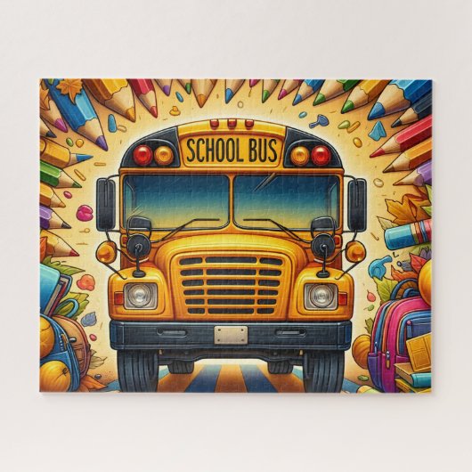 Süßer Schulbus mit Bleistiften Puzzle (Horizontal)