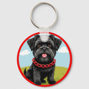 Süßer schwarzer Hund mit rotem Halsband im Cartoon Schlüsselanhänger
