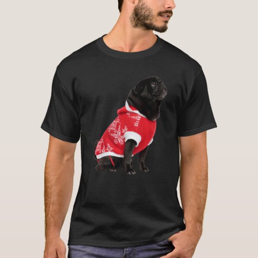 Süßer schwarzer Pug Weihnachtsmannmütze roter Pull T-Shirt (Vorderseite)