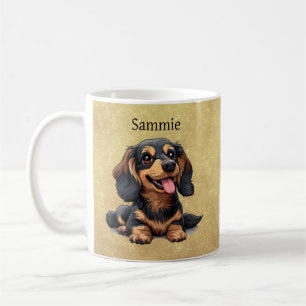 Süßer schwarzer und brauner Dachshund-Welpe-Hund i Kaffeetasse