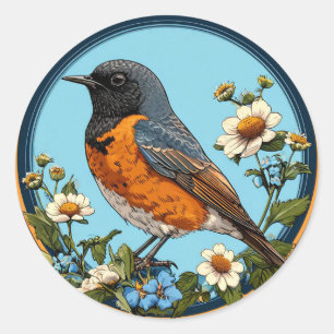 🐦 Süßer schwarzer Vogel mit Blumen Runder Aufkleber