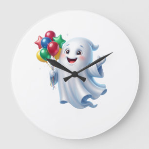 Süßer schwebender Geist mit Ballons Halloween Große Wanduhr