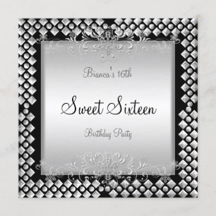 Süßer Sechzehnter Geburtstag 16 16. Silber Schwarz Einladung