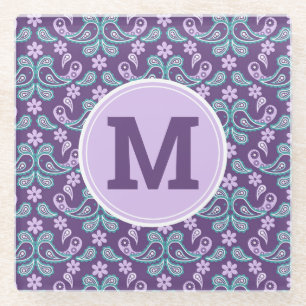 Süßer shabby-chic lila und blauer Paisley-Monogram Glasuntersetzer