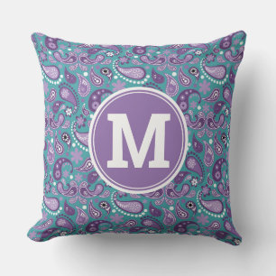 Süßer Shabby-Chic-lila und blauer Paisley-Monogram Kissen