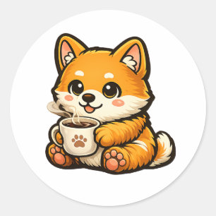 Süßer Shiba Inu mit Kaffee – Gemütliche Hundeillus Runder Aufkleber