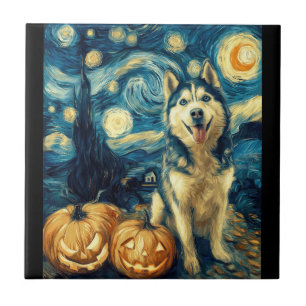 Süßer sibirischer Husky-Hund Halloween Jack O Lant Fliese
