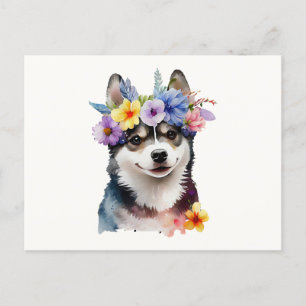 Süßer sibirischer Husky-Hund mit Blumen  Postkarte