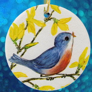 Süßer singender blauer Vogebaum Keramik Ornament