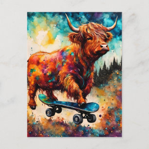 Süßer Skateboard fahrender Highland-Cow Postkarte