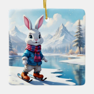 Süßer Skifahrender Weißer Winterhase Keramikornament