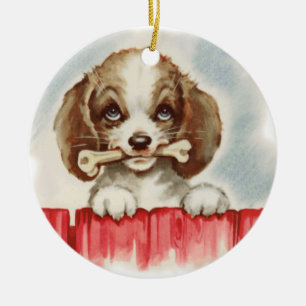 Süßer Spaniel-Welpe mit Knochen Keramik Ornament