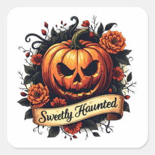 Süßer Spuk Vintager Kürbis   BlumenHalloween Quadratischer Aufkleber