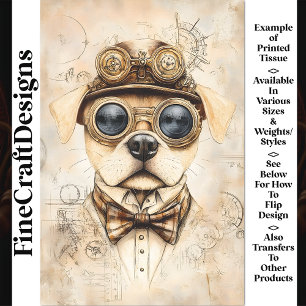 Süßer Steampunk-Hund, Sepia-Blueprint AS6 Découpag Seidenpapier