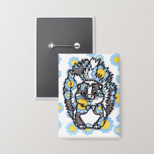 Süßer Stinktier mit blauen Blumen Rechteck Pinback Button (Vorderseite/Rückseite)